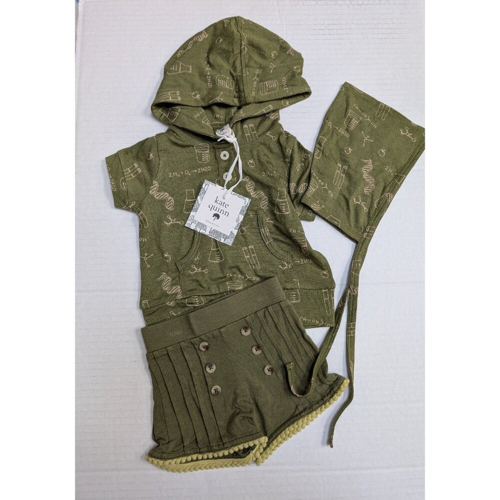 Kate Quinn Bamboo Chemistry Print Hoodie Elf Hat Green Pintuck Shorts Outfit 3-6